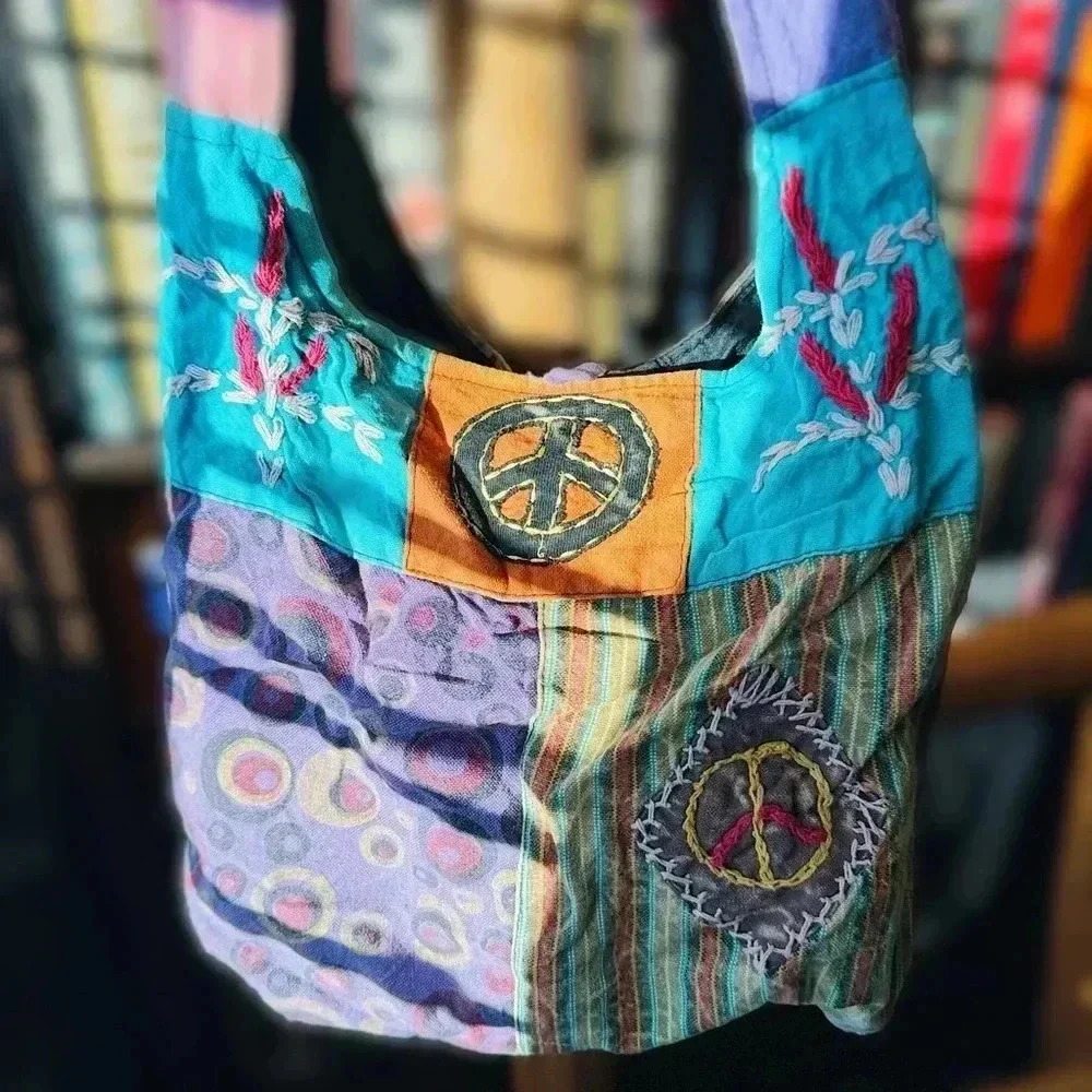 Himalaya Handcraft Boho Peace Sign Embroidered Patchwork Crossbody